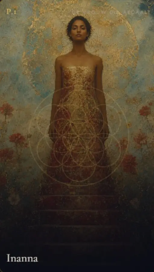 Kaart P.1 · Inanna — de vrouw die afdaalt, bovenaan een trap die het donker in loopt